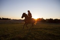 Femme équitation sur le terrain au coucher du soleil — Photo de stock