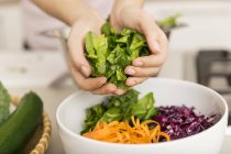 Hands putting fresh lettuce into a bowl with different vegetables — Stock Photo