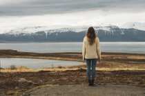 Islândia, mulher em pé à beira do lago — Fotografia de Stock