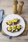 Desayuno vegetariano con pan, huevos y rodajas de tomate en el plato - foto de stock