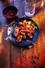 Currywurst with barbecue sauce on plate — Stock Photo