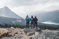 Canada, British Columbia, Yoho National Park, hikers at Mount Burgess looking at Emerald Lake — Stock Photo