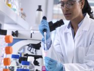 Investigación genética, científico femenino pipeteando ADN o muestra química en un vial de eppendorf, análisis en el laboratorio - foto de stock