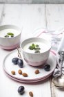 Ajo Blanco, white gazpacho, spanish cold soup, almonds and blue grapes — Stock Photo
