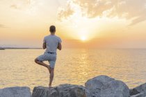 Іспанія. Людина робить йогу під час сходу сонця на скелястому пляжі, дерево положення, заднього виду — стокове фото