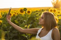 Mujer joven en un campo de girasoles tomando una selfie en el teléfono móvil - foto de stock