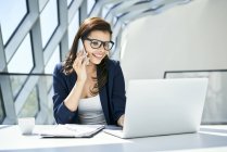 Smiling businesswoman working at desk in modern office — Stock Photo
