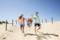 Países Bajos, Zandvoort, familia feliz con su hija en la playa - foto de stock