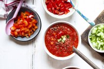 Ciotola di Gazpacho con guarnizione di cetriolo e peperone — Foto stock