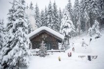 Австрия, Altenmarkt-Zauchensee, снеговик, сани и елка в деревянном доме в снегу — стоковое фото
