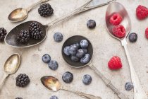 Frutta su vari cucchiai — Foto stock