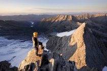 Austria, Tyrol, Zillertal Alps, View from Reichenspitze, альпініст на зледенілих горах на світанку, Wildgerlostal, High Tauern National Park — стокове фото