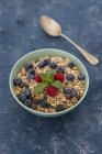 Ciotola di muesli con lamponi e mirtilli — Foto stock