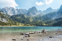 Áustria, Tirol, Jovem no Lago Seebensee sentado em tronco de árvore — Fotografia de Stock