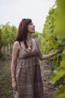 Frau steht im Weinberg und trägt Sommerkleid — Stockfoto