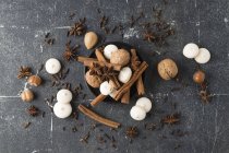 Spezie, noci e biscotti all'anice su fondo grigio — Foto stock