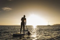 Jeune femme debout paddle surf au coucher du soleil — Photo de stock
