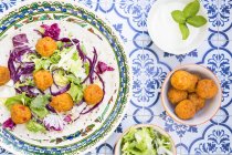 Falafel, Blattsalat, Rot- und Weißkohl und Joghurtsoße mit Minze auf Wrap — Stockfoto