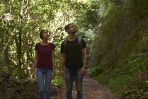 Paar spaziert durch Wald und schaut sich um — Stockfoto