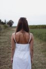Жінка в білій літній сукні, яка ходить у винограднику, задній вигляд. — стокове фото