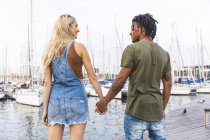 Back view of multicultural young couple standing hand in hand on jetty — Stock Photo