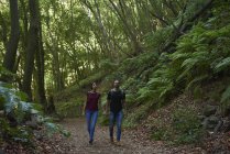 Coppia camminando mano nella mano attraverso la foresta — Foto stock