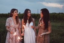 Friends having a picnic in a vinyard, burning sparklers — Stock Photo