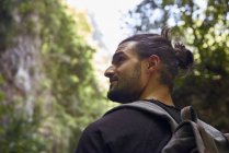 Rear view of male hiker in a forest looking around — Stock Photo