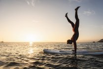 Giovane che fa stand sul paddleboard al tramonto — Foto stock