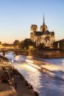 Francia, Parigi, Barca turistica sulla Senna con cattedrale di Notre Dame sullo sfondo — Foto stock
