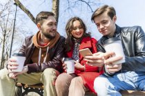 Росія, Москва, Група друзів в парку, веселяться разом, п'ють каву і за допомогою телефонів — стокове фото
