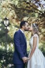 Feliz pareja de novias besándose en un parque mientras se toman de la mano - foto de stock