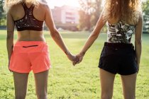 Back view of tattooed twin sisters holding hands on a meadow, partial view — Stock Photo