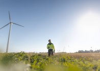 Ingénieur debout dans un champ dans un parc éolien — Photo de stock