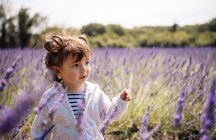 France, Grignan, portrait of baby girl in lavender field — Stock Photo