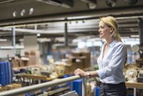 Businesswoman in factory overlooking storehouse — Stock Photo