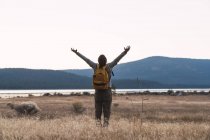 USA, California del Nord, vista posteriore del giovane con le braccia alzate durante un viaggio a piedi nei pressi del Parco Nazionale Vulcanico di Lassen — Foto stock