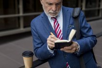 Senior-Geschäftsmann schreibt Tagebuch im Freien — Stockfoto