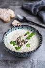Creme of mushroom soup with coconut milk, parsley and baguette — Stock Photo