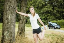 Sportive молода жінка, що тягнеться на дереві в парку — стокове фото