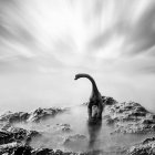 Un dinosaurio de juguete en una piedra, blanco y negro, larga exposición - foto de stock