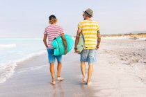Amigos caminhando na praia, carregando pranchas de surf, vista traseira — Fotografia de Stock