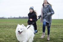 Due ragazze in esecuzione su un prato con cane divertirsi — Foto stock