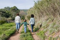 Happy family walking in the countryside, holding hands — Stock Photo