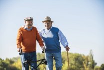 Old friends taking a stroll in the fields with walking stick and wheeled walker, talking about old times — Stock Photo