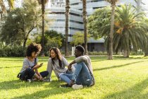 Amici seduti sull'erba, divertirsi, utilizzando lo smartphone — Foto stock