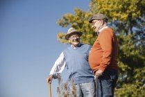 Due vecchi amici che passeggiano per i campi, parlando dei vecchi tempi — Foto stock