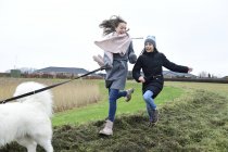 Две девушки бегают по лугу с собакой и веселятся — стоковое фото