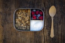 Boîte de petit déjeuner avec granola, noix de quinoa, yaourt grec, myrtilles et framboises — Photo de stock