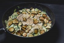 Chicken Zucchini Potato Stew with creme fraiche in a pan — Stock Photo